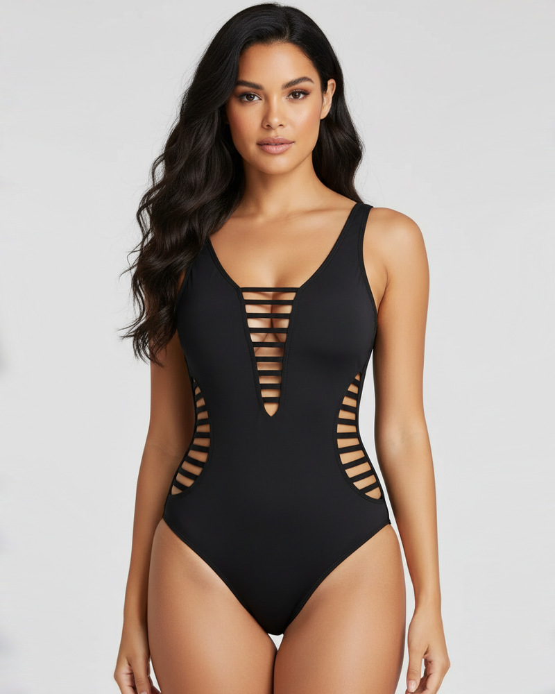 Deep V Neck Hollow‑Out Tie‑Up One‑Piece Swimsuit