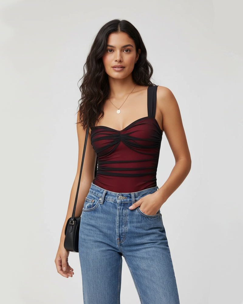 Sleeveless Heart Neck Mesh Ruched Fitted Bodysuit（Pre‑Sale）