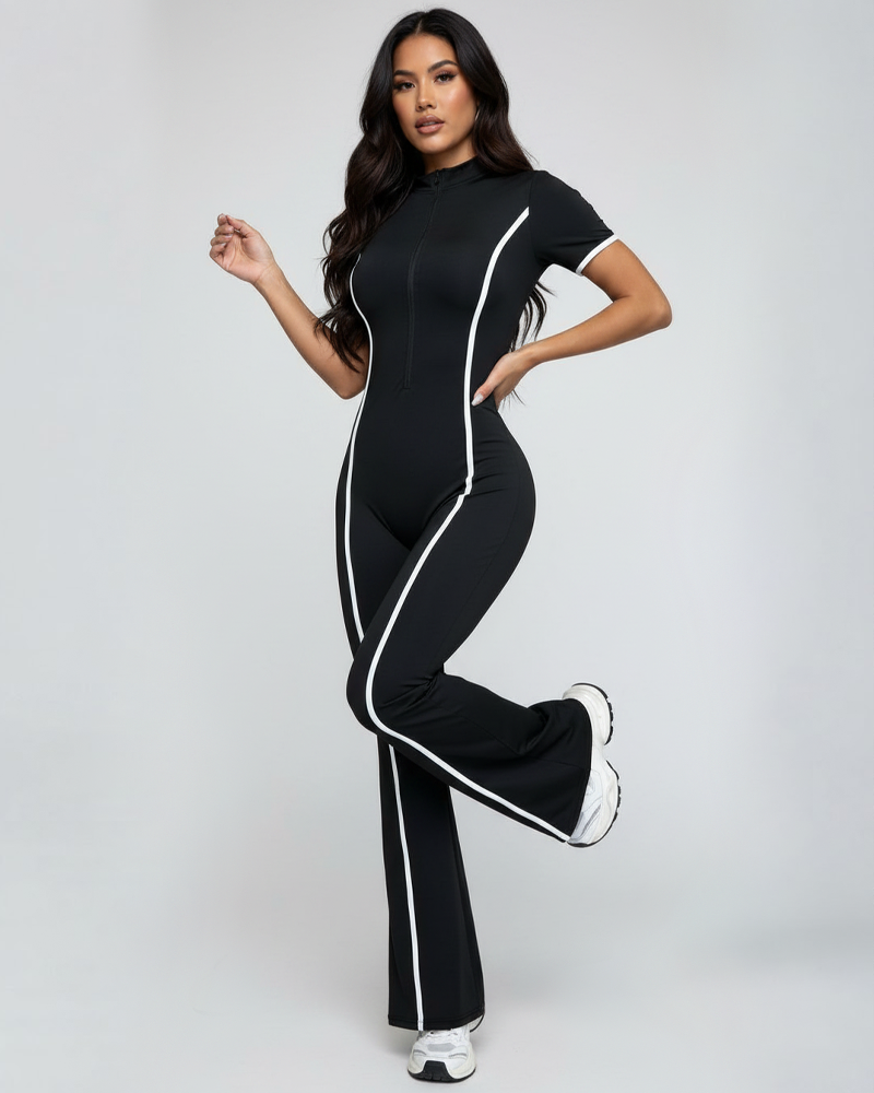Color‑Block Sports Butt‑Lifting Short Sleeve Long Jumpsuit