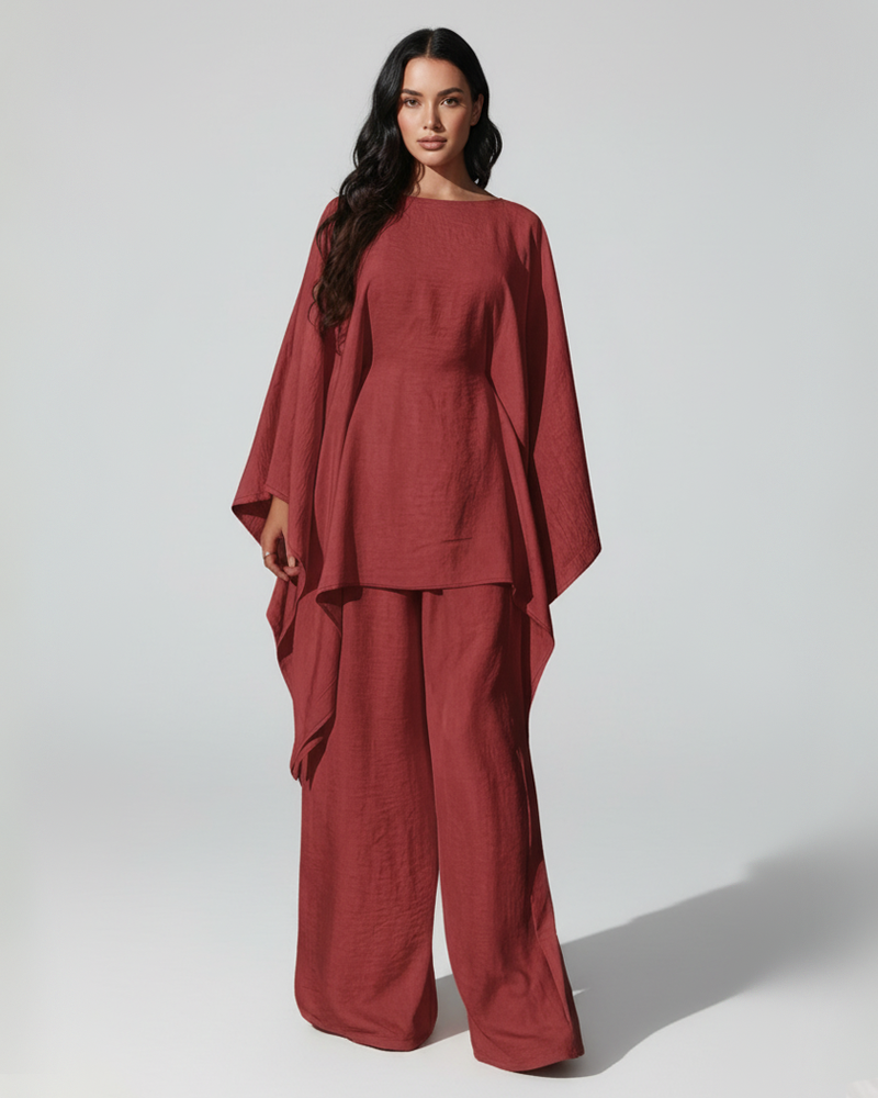 Cape Batwing Sleeve Solid Textured Wide Leg Pants Casual 2 Piece Outfit