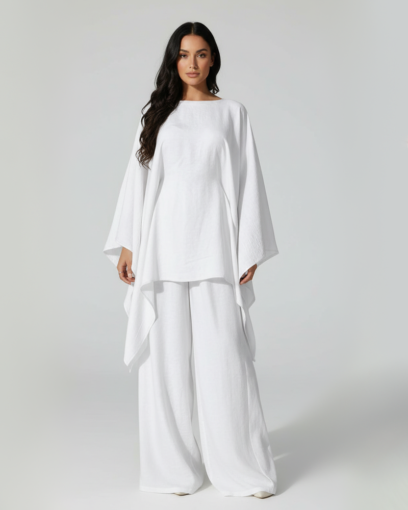 Cape Batwing Sleeve Solid Textured Wide Leg Pants Casual 2 Piece Outfit
