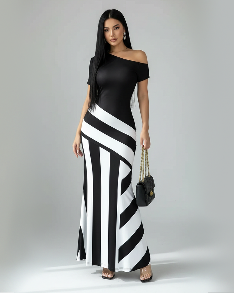Women's Colorblock Asymmetrical Neck Mermaid Dress