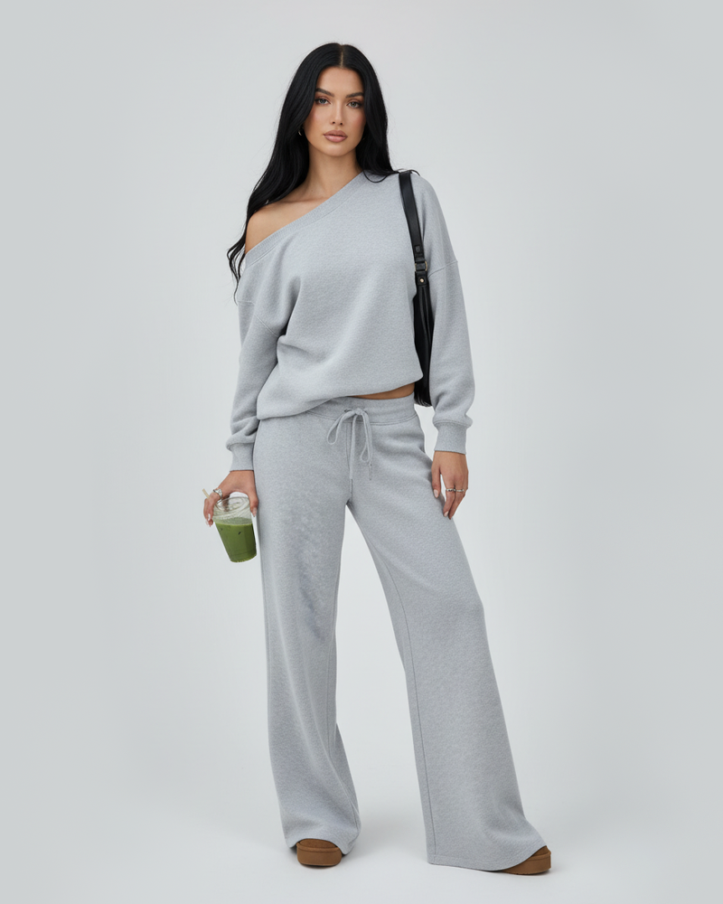 Casual Fashion Off Shoulder Long Sleeve Top Drawstring Sweatpants 2 Piece Set
