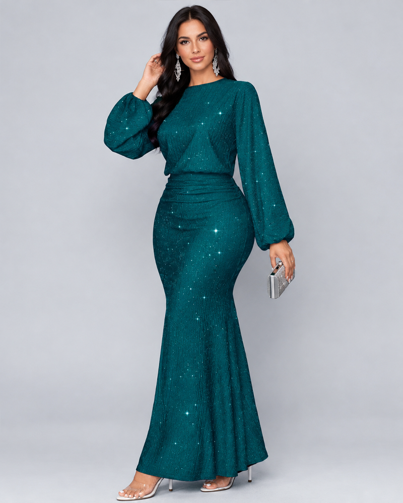 Fashion Sequin Embellished Long Sleeve Mermaid Skirt Ruched Elegant Dress