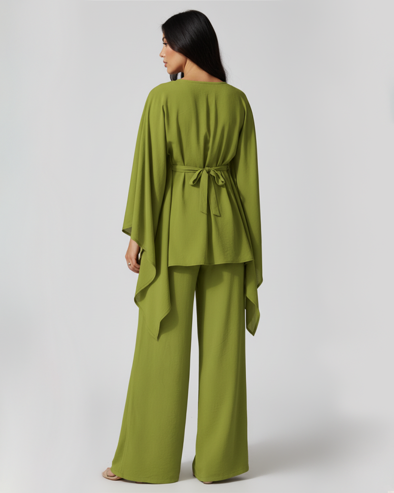 Cape Batwing Sleeve Solid Textured Wide Leg Pants Casual 2 Piece Outfit