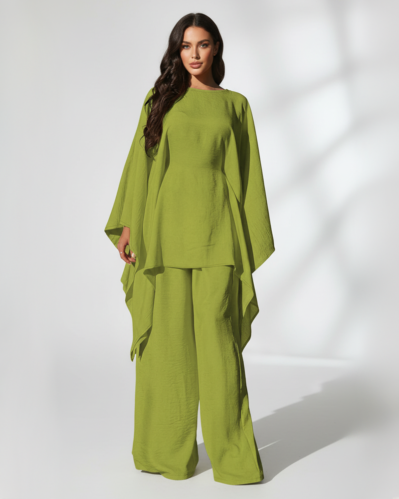 Cape Batwing Sleeve Solid Textured Wide Leg Pants Casual 2 Piece Outfit