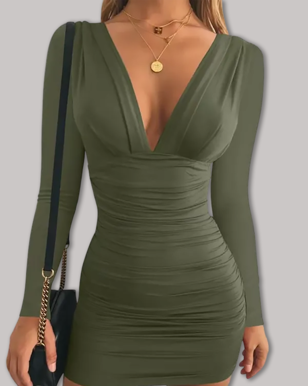 Women's Sexy V Neck Long Sleeved Pleated Slim Fit Mini Dress-Curvy-Faja