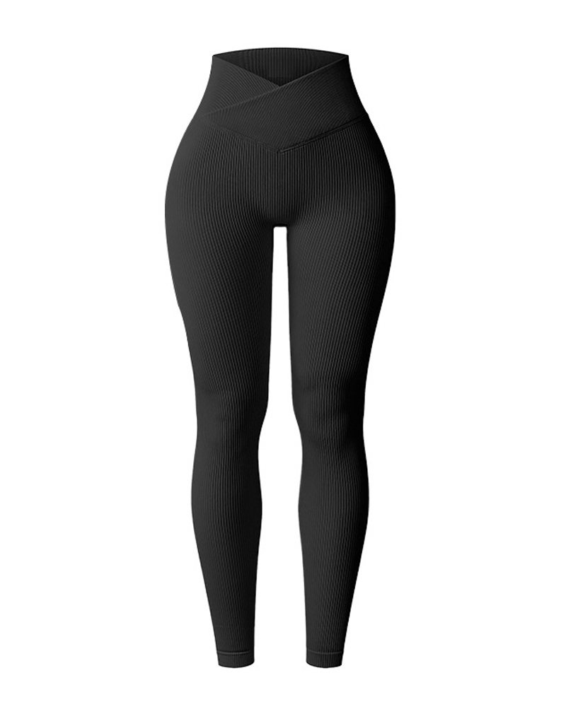 Cross-Waist Ribbed Yoga Pants-Curvy-Faja