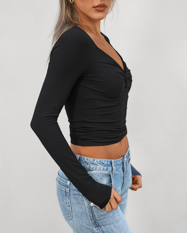Twist Front Long Sleeve T-Shirt Slim Fit Top-Curvy-Faja