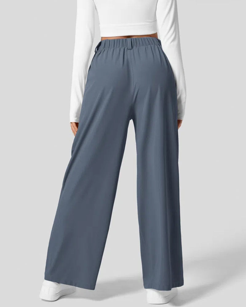 High Waisted Plicated Side Pocket Wide Leg Waffle Work Pants