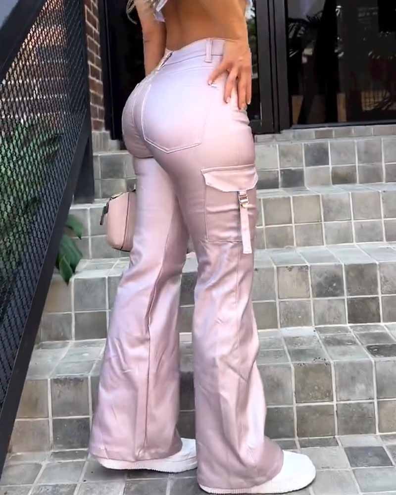 Women's Faux Leather Cargo Pants with Pockets High Waisted Y2K Relaxed