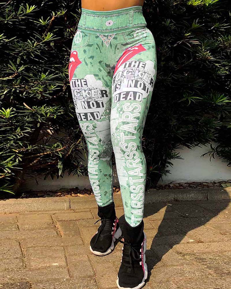 High-Waisted Imitation Denim Printed Yoga Pants-Curvy-Faja
