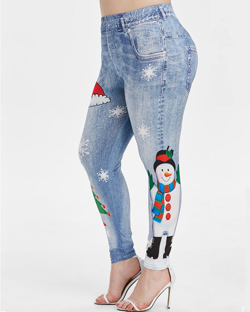 Christmas Print Denim Slim-Fit Hip Lift Yoga Pants