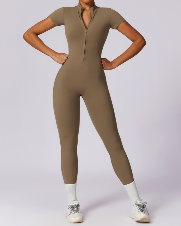 Zippered Short-Sleeved Slim-Fit Jumpsuit