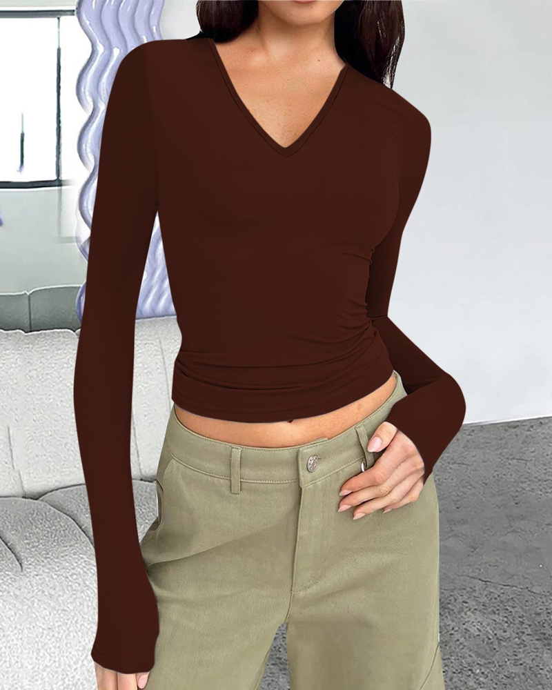 V-Neck Long-Sleeved Slim-Fit Versatile T-Shirt Top-Curvy-Faja