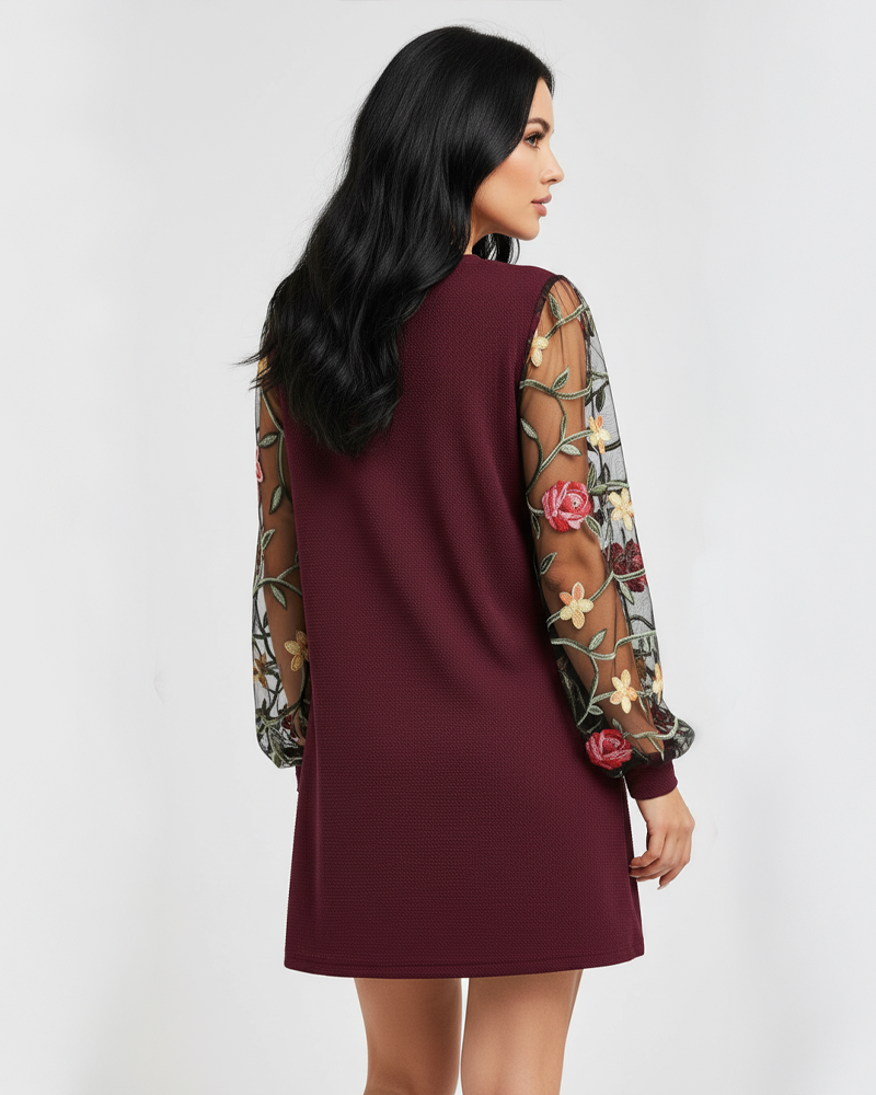 Women Floral Embroidery Mesh Lantern Sleeve Dress