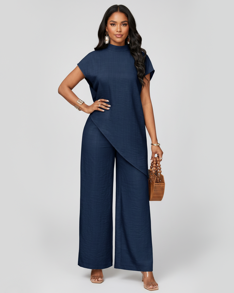 Solid Color Stand‑Collar Asymmetrical Top & High‑Waist Wide‑Leg Pants Set