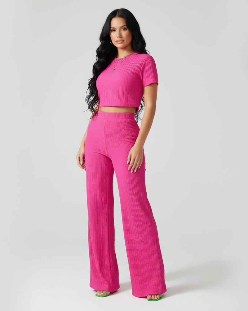 Stretchy Solid Color Short Sleeve Top & High Waist Wide Leg Pants Set
