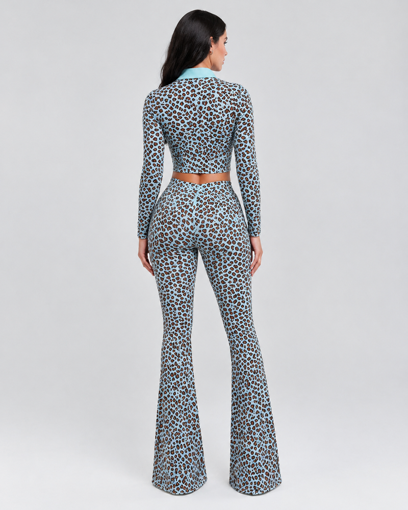 Stretch Leopard Print Long Sleeve Zip Cropped Jacket & High Waist Flare Pants Set