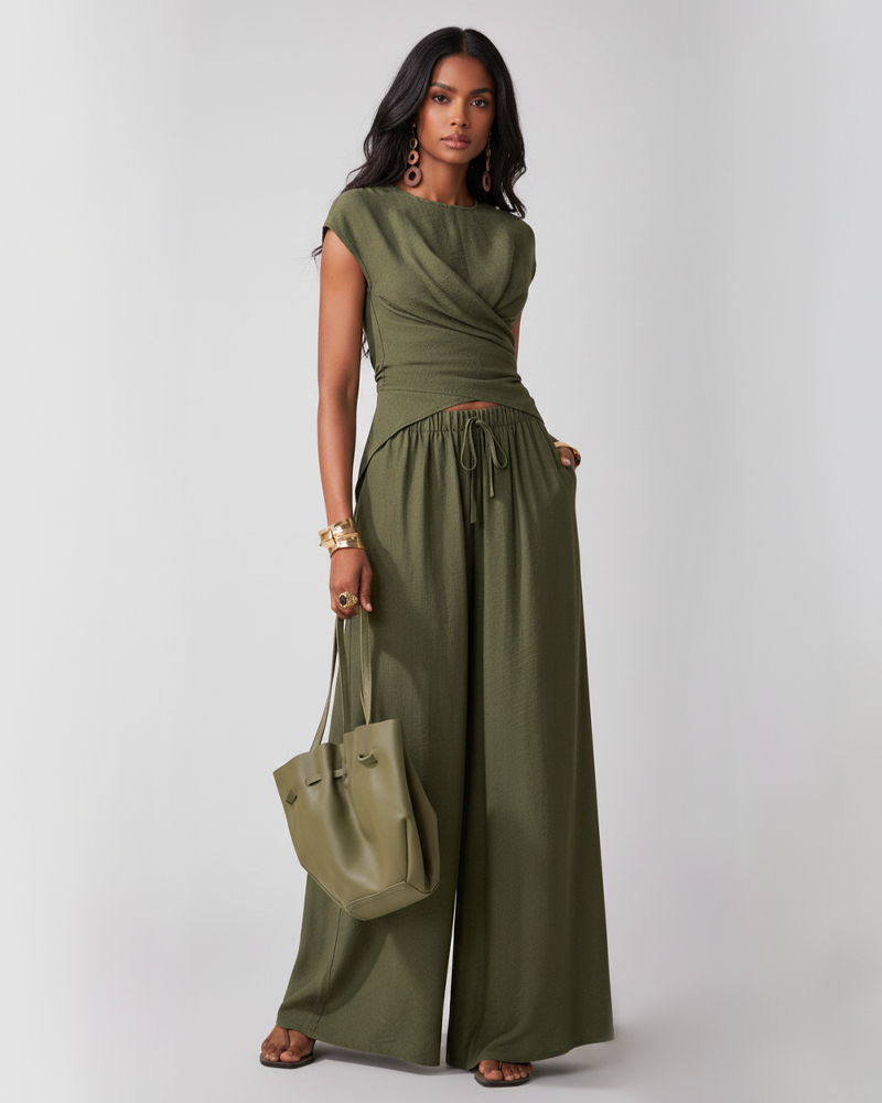 French Style Surplice Cut‑Out Top & Loose Wide‑Leg Pants Two‑Piece Set