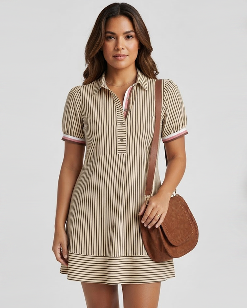 Striped Puff Short Sleeve Loose Casual Button‑Down Collar Dress