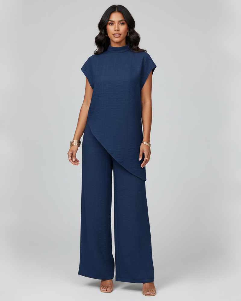 Solid Color Stand‑Collar Asymmetrical Top & High‑Waist Wide‑Leg Pants Set