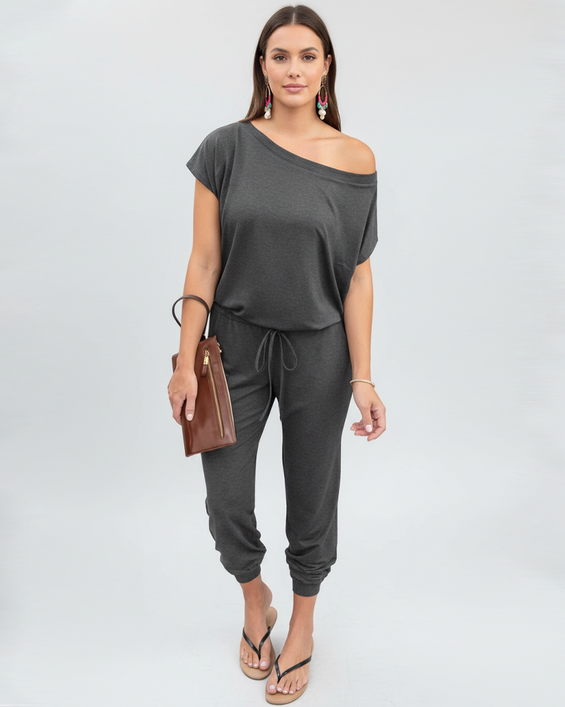 Off‑Shoulder Elastic Waistband Loose Comfort Casual Jumpsuit