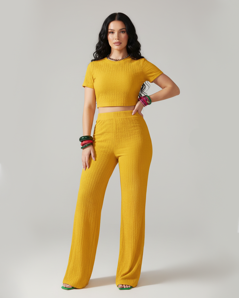Stretchy Solid Color Short Sleeve Top & High Waist Wide Leg Pants Set