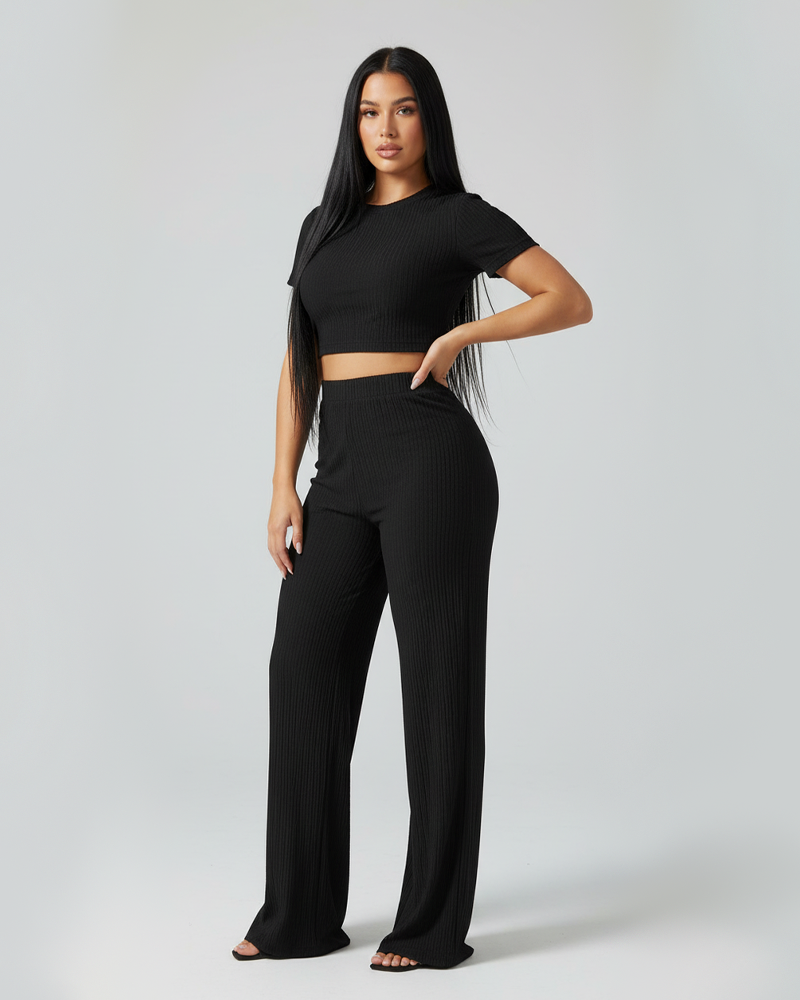 Stretchy Solid Color Short Sleeve Top & High Waist Wide Leg Pants Set