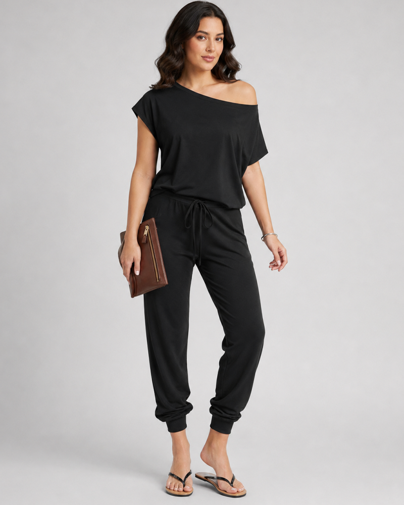 Off‑Shoulder Elastic Waistband Loose Comfort Casual Jumpsuit