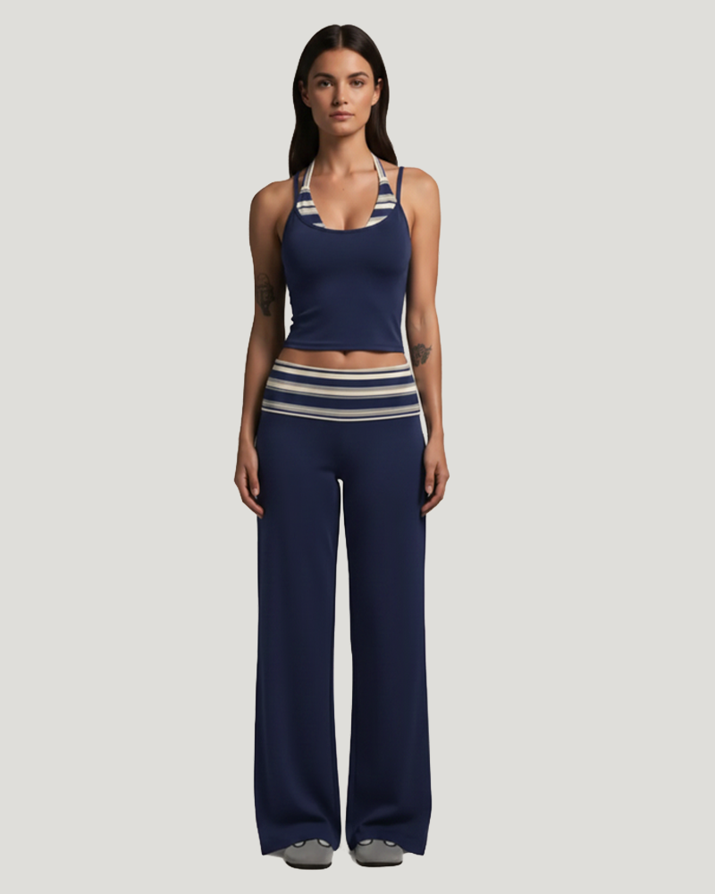 Back Cutout Yoga 2 Piece Set High Waist Ruched Wide Leg Pants