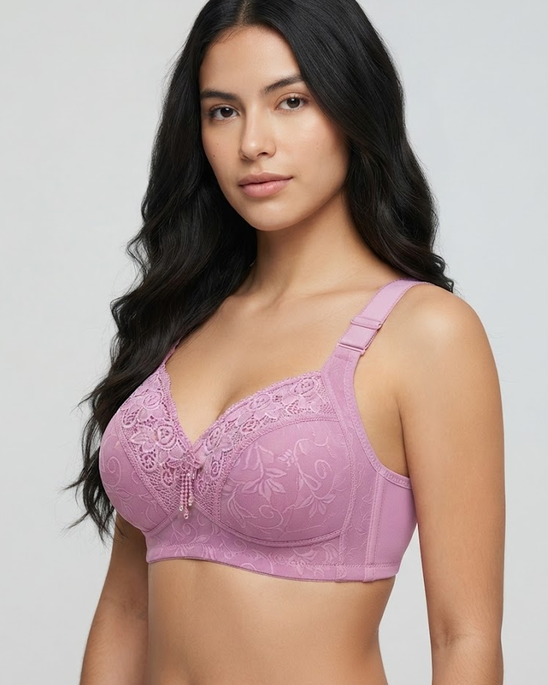 Women Lace Trim Wireless Bra Side Support Underarm Fat Control & Push Up