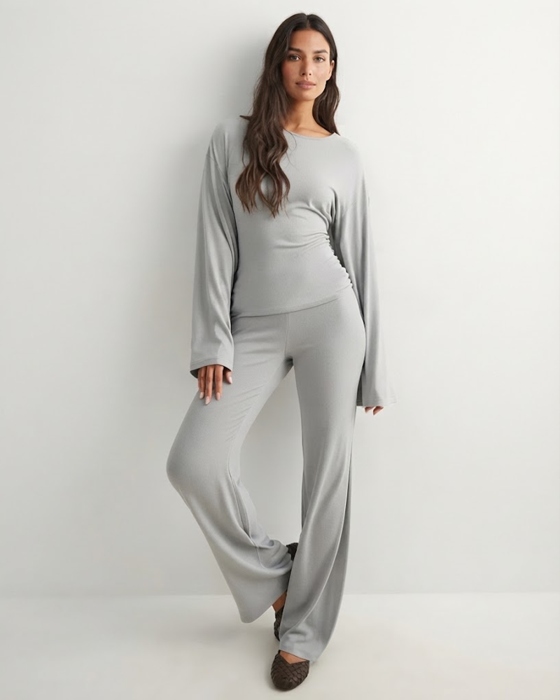 Solid Color Fitted Crew Neck Flare Sleeve Top & Elastic Waist Straight Pants Loungewear 2 Piece Set