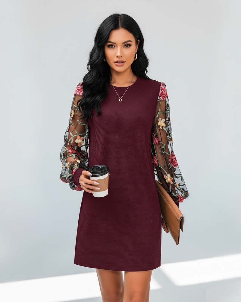 Women Floral Embroidery Mesh Lantern Sleeve Dress