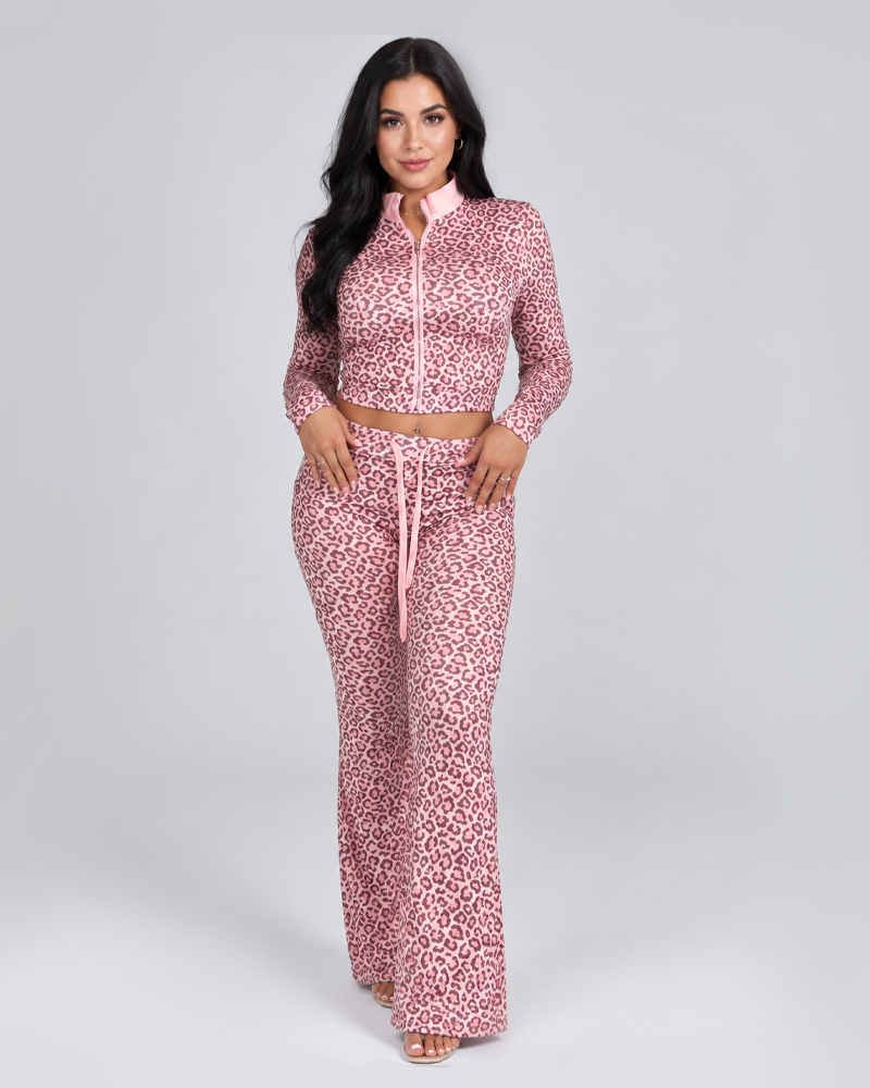 Stretch Leopard Print Long Sleeve Zip Cropped Jacket & High Waist Flare Pants Set