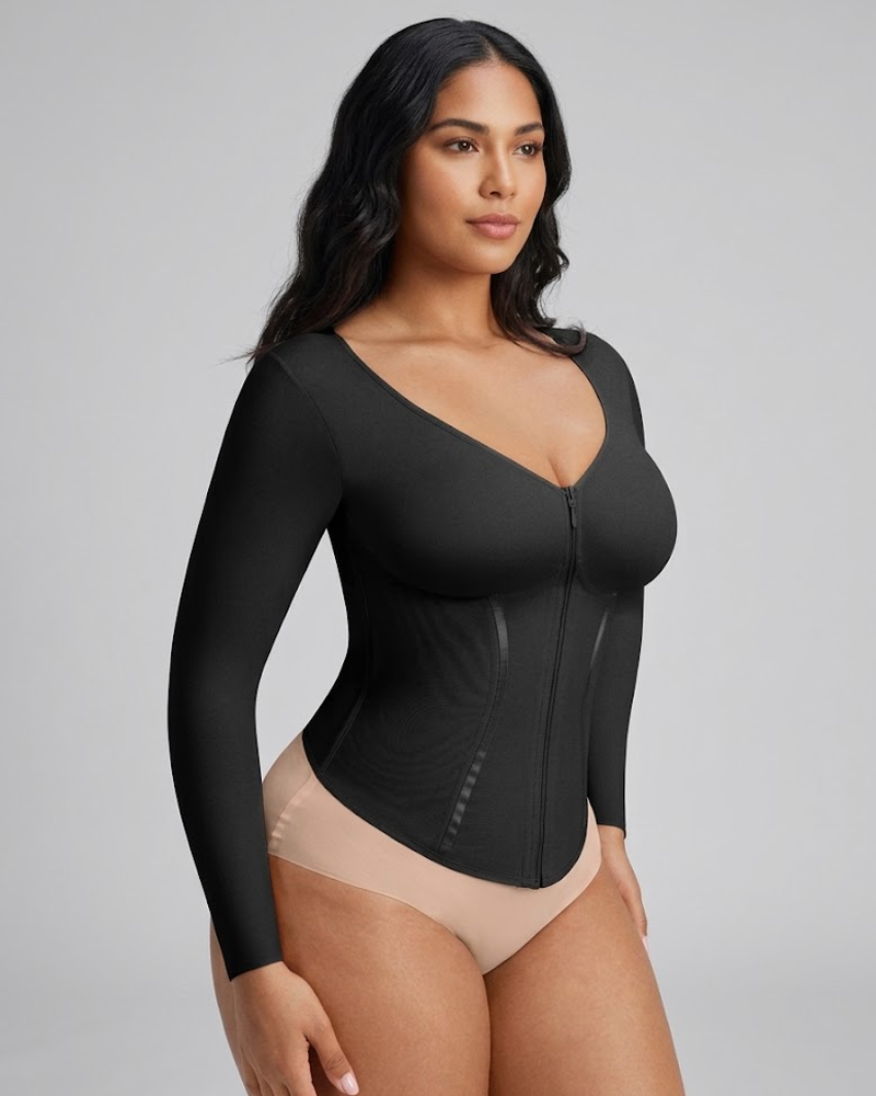 Long Sleeve Front Zipper Tummy Control Shapewear Top（Pre-Sale）