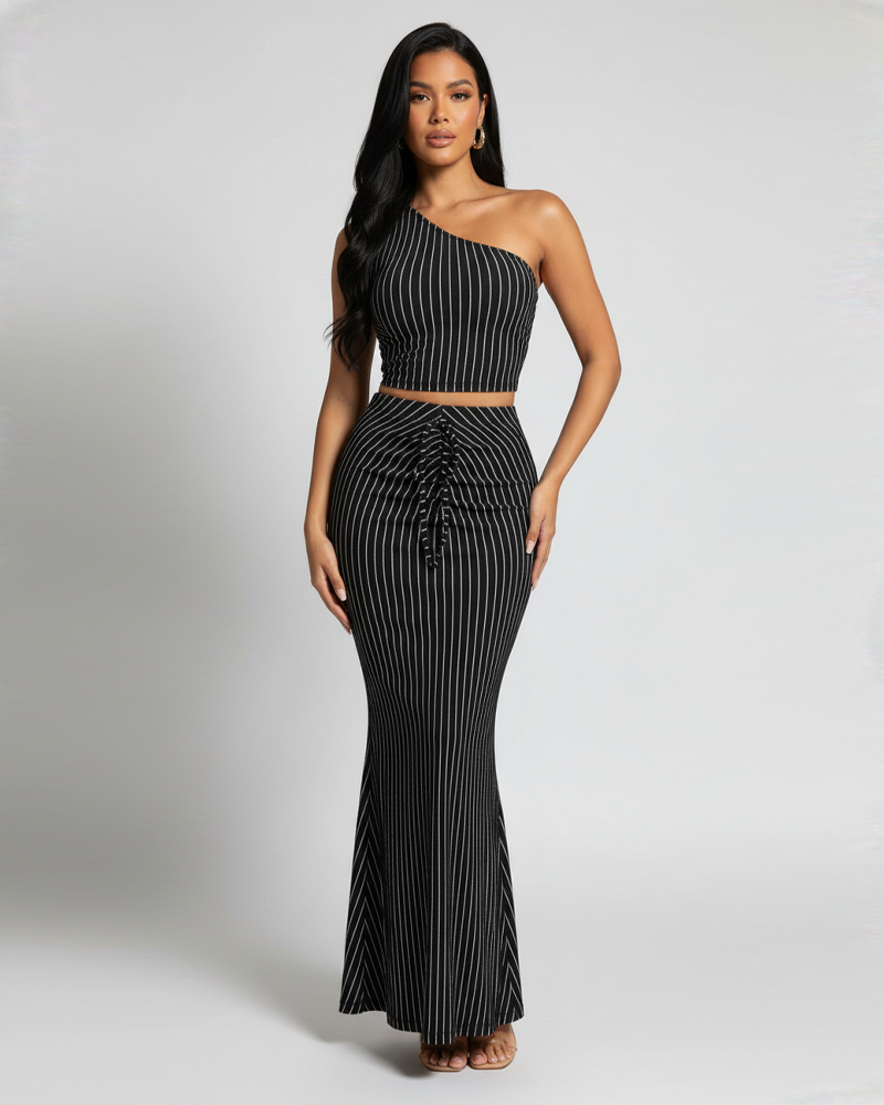 Striped Print One‑Shoulder Crop Top High Waist Skirt Set