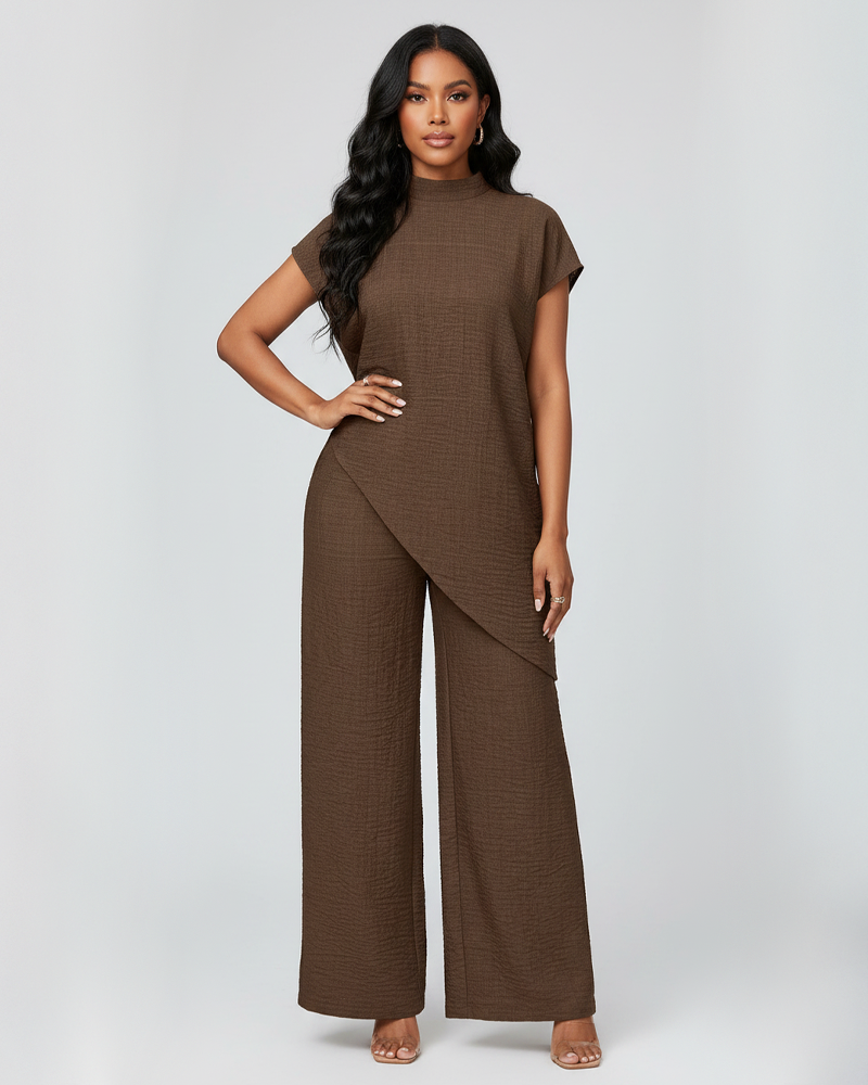 Solid Color Stand‑Collar Asymmetrical Top & High‑Waist Wide‑Leg Pants Set