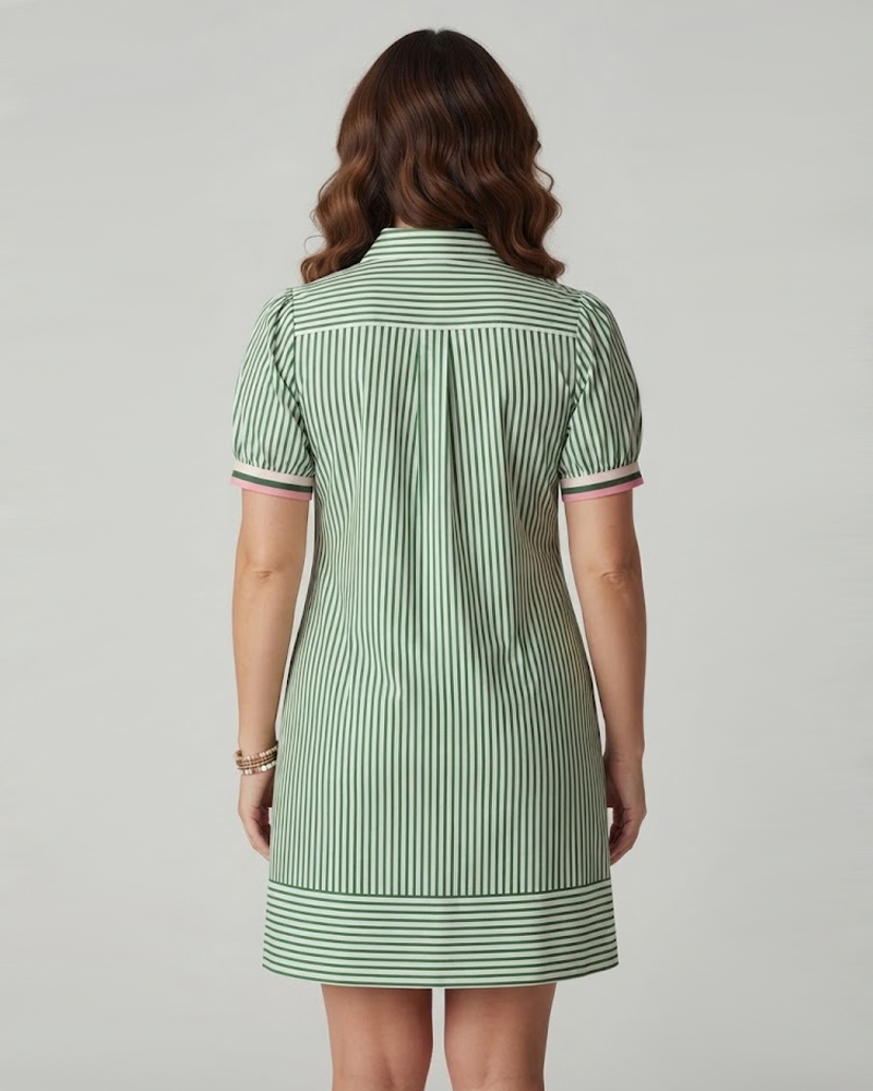 Striped Puff Short Sleeve Loose Casual Button‑Down Collar Dress