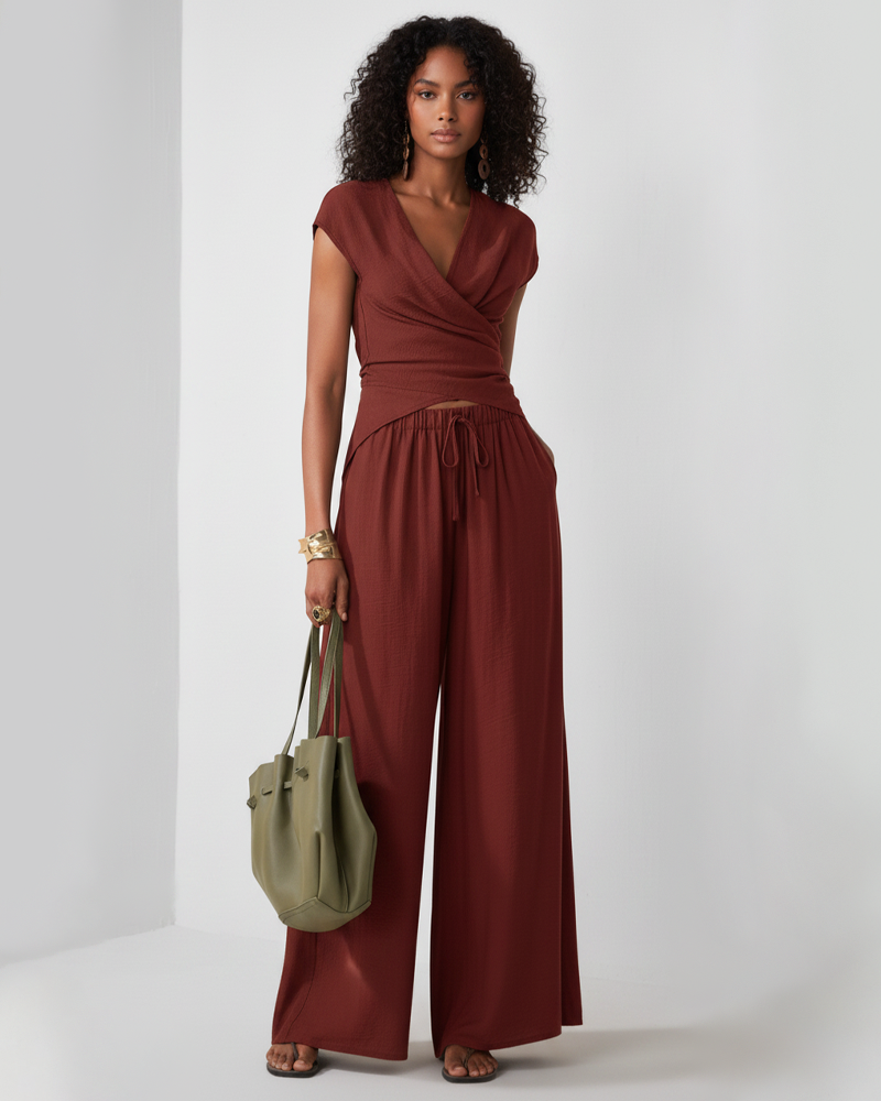 French Style Surplice Cut‑Out Top & Loose Wide‑Leg Pants Two‑Piece Set