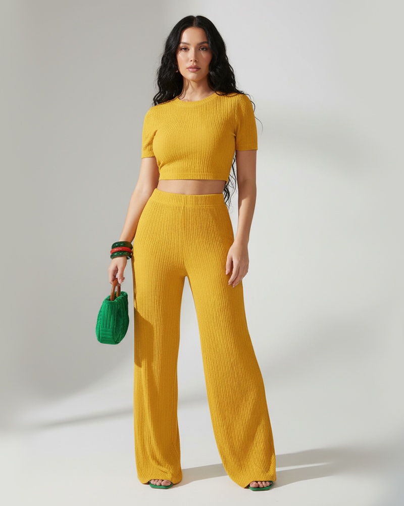Stretchy Solid Color Short Sleeve Top & High Waist Wide Leg Pants Set