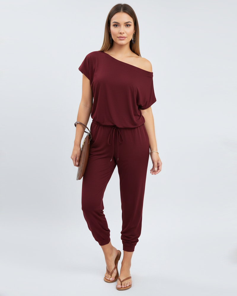 Off‑Shoulder Elastic Waistband Loose Comfort Casual Jumpsuit