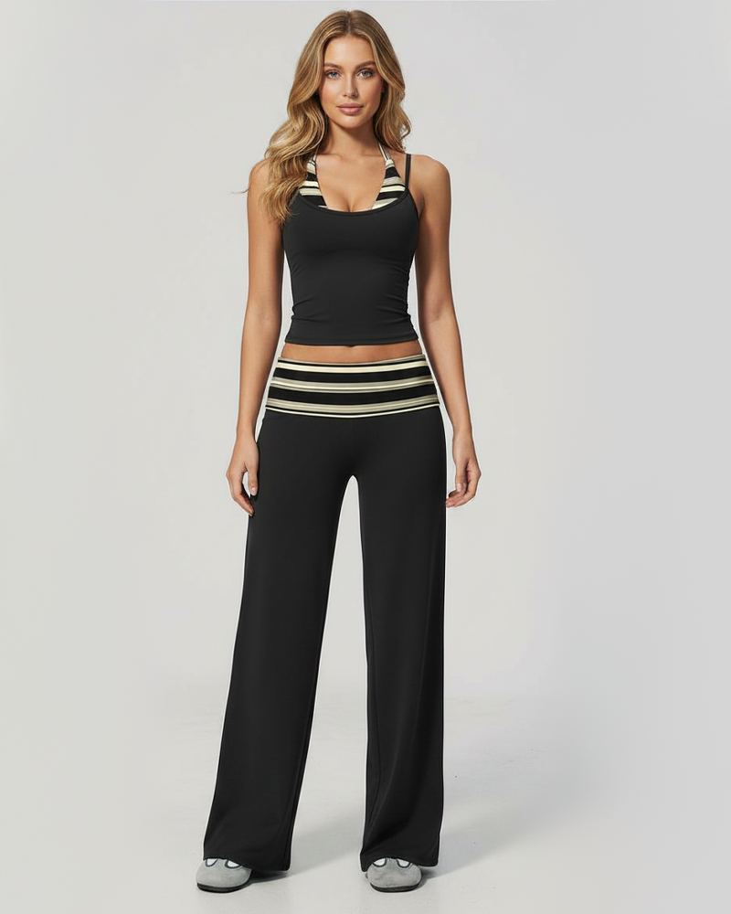 Back Cutout Yoga 2 Piece Set High Waist Ruched Wide Leg Pants