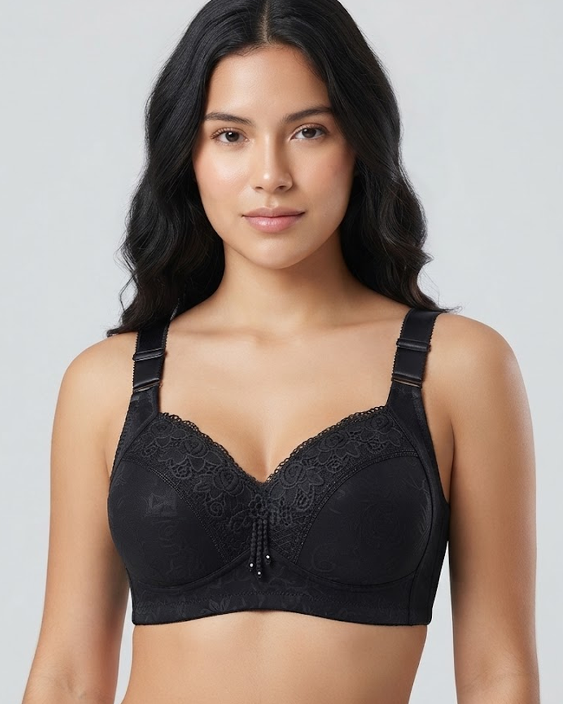 Women Lace Trim Wireless Bra Side Support Underarm Fat Control & Push Up