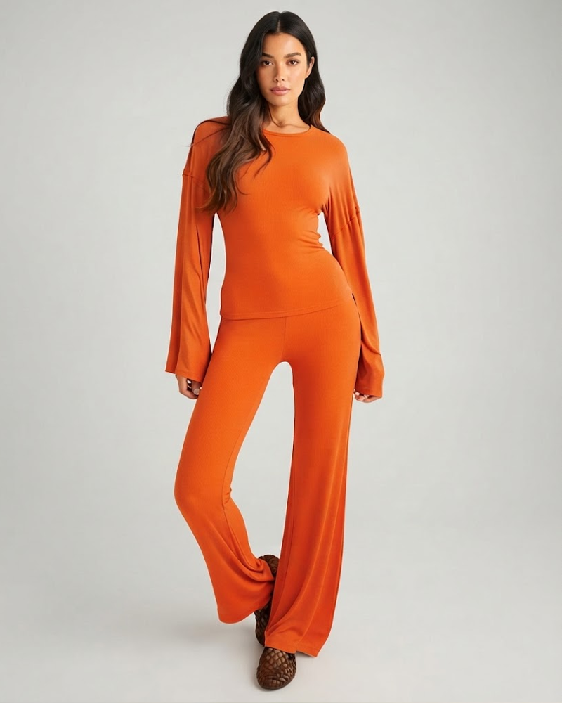 Solid Color Fitted Crew Neck Flare Sleeve Top & Elastic Waist Straight Pants Loungewear 2 Piece Set