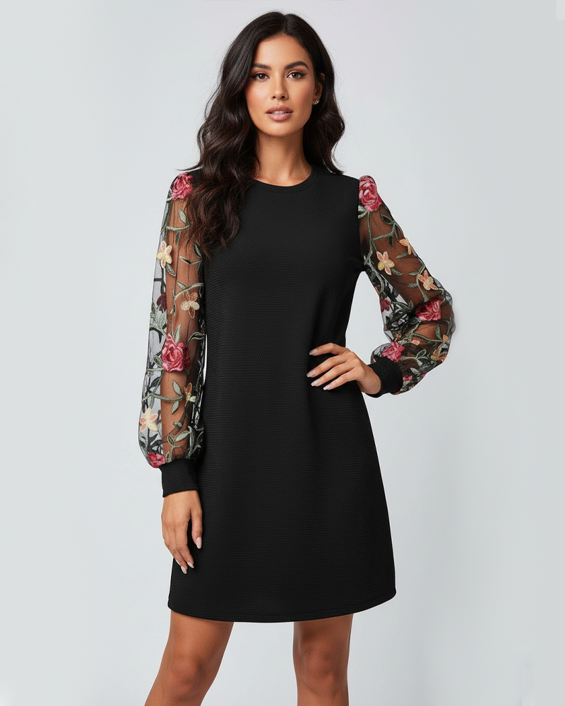 Women Floral Embroidery Mesh Lantern Sleeve Dress