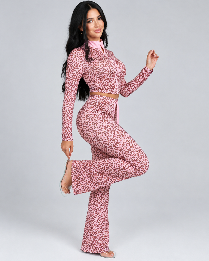 Stretch Leopard Print Long Sleeve Zip Cropped Jacket & High Waist Flare Pants Set