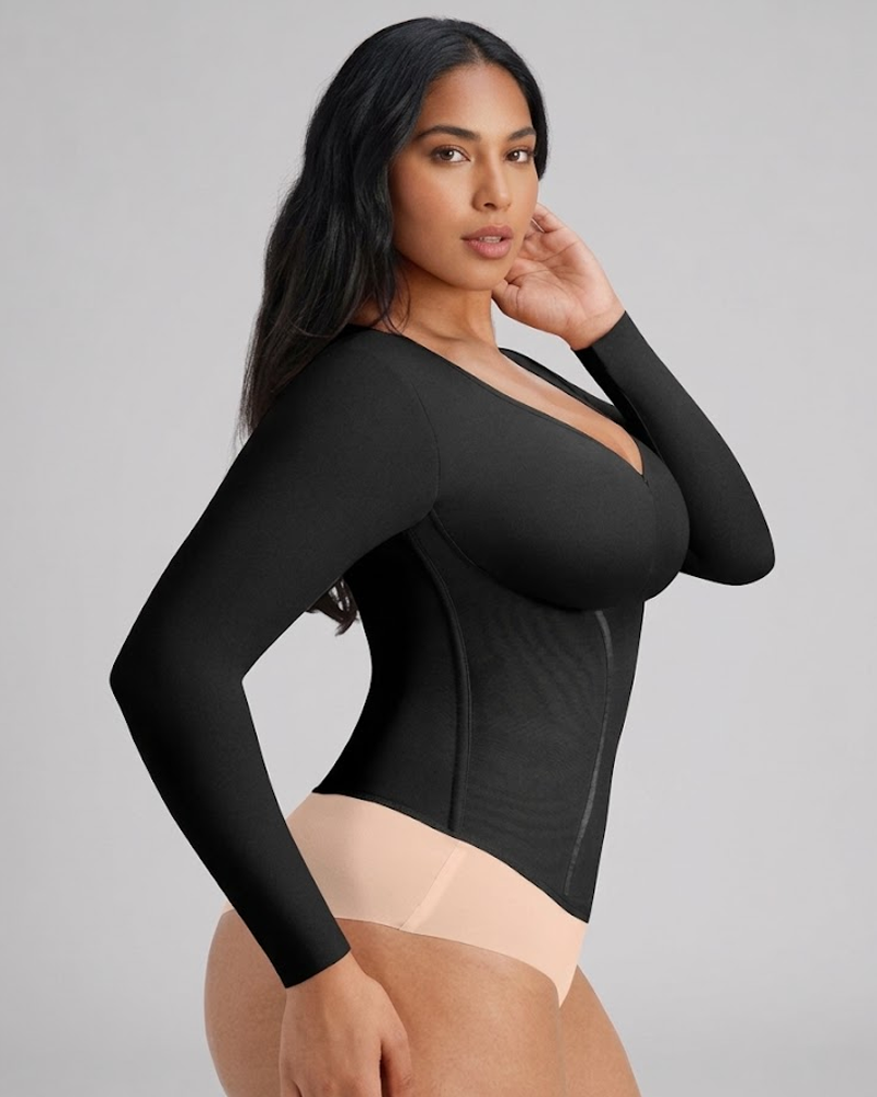 Long Sleeve Front Zipper Tummy Control Shapewear Top（Pre-Sale）