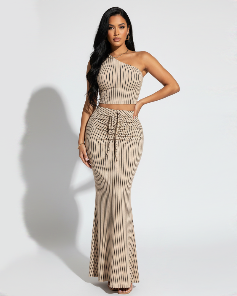 Striped Print One‑Shoulder Crop Top High Waist Skirt Set