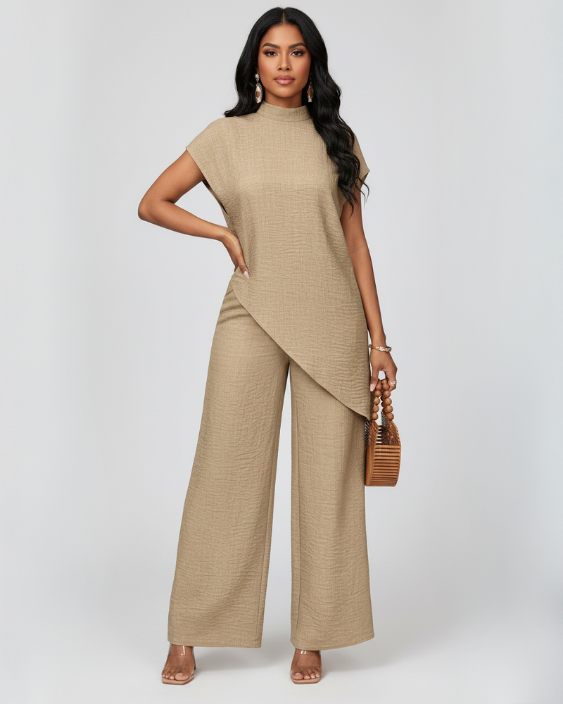 Solid Color Stand‑Collar Asymmetrical Top & High‑Waist Wide‑Leg Pants Set